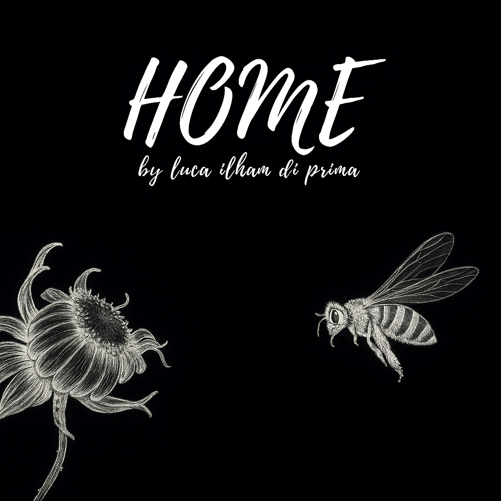 HOME: Albumcover von Luca Ilham Di Prima: weiße Handschrift, Sonnenblume und Biene auf schwarzem Grund